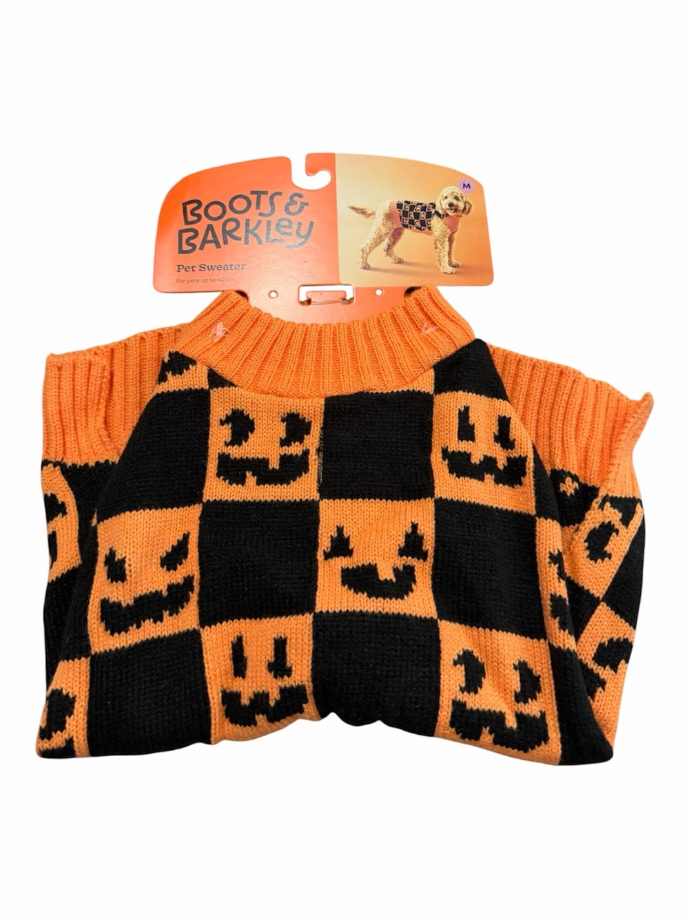 Boots & Barkley Orange and Black Pumpkin Checker Pet Sweater Medium Sized Dog
